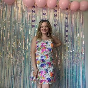 White Sequin dress with colorful flowers